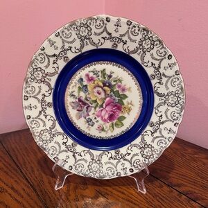 Floral Blue and Gold Dinner Plate Set of 2 Made in Czechoslovakia